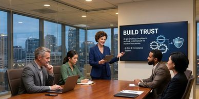 Businesswoman presenting compliance system to colleagues in a conference room.