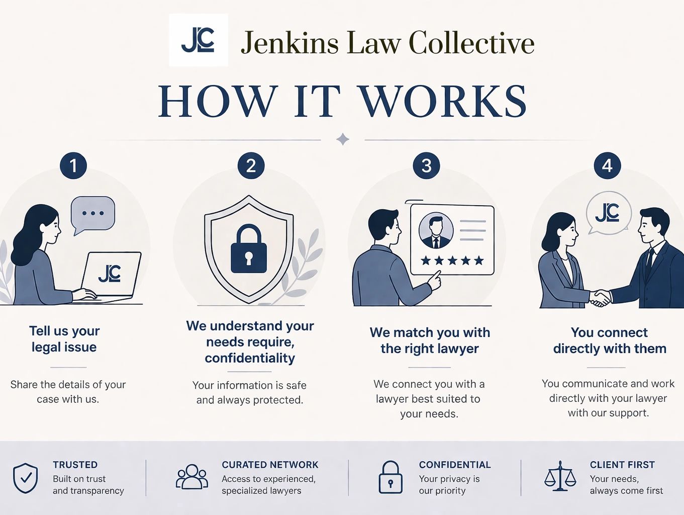 Jenkins Law Collective explains how to connect with the right lawyer confidentially.