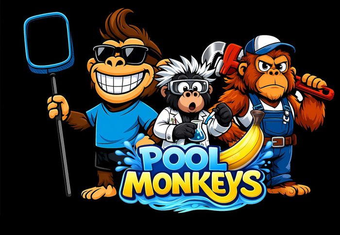 Pool Monkeys LLC Logo. Features the three mascots. All related to pool service and repair work. 
