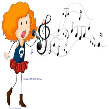 Cartoon girl singing with musical notes flowing outward.