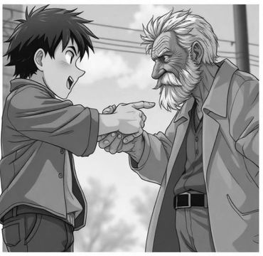 Young boy and elderly man share a handshake and conversation outdoors.