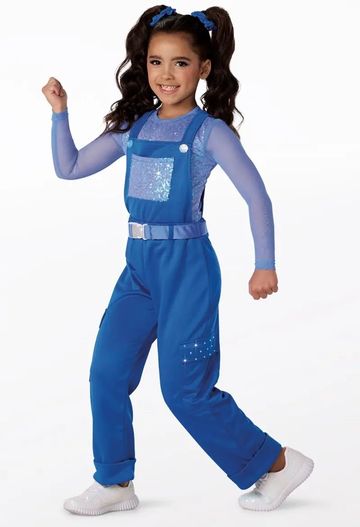 Girl in blue outfit striking a playful pose.
