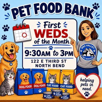 Pet Food Bank event on the first Wednesday of every month from 9:30 AM to 3 PM in North Bend.