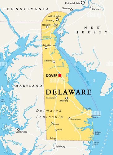 Map highlighting Delaware and its major cities and surrounding states.