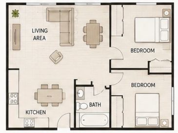 Simple two-bedroom apartment floor plan with living area, kitchen, and bath.