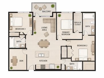 Floor plan of a three-bedroom apartment with living area, kitchen, den, and balcony.