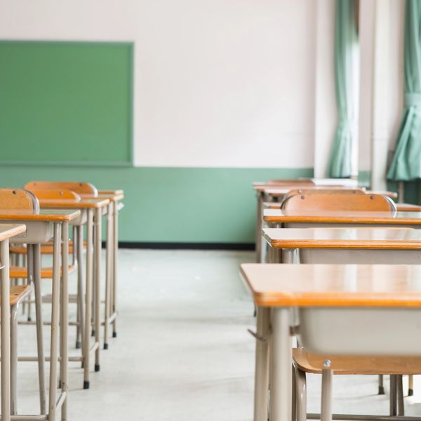 A classroom with benches