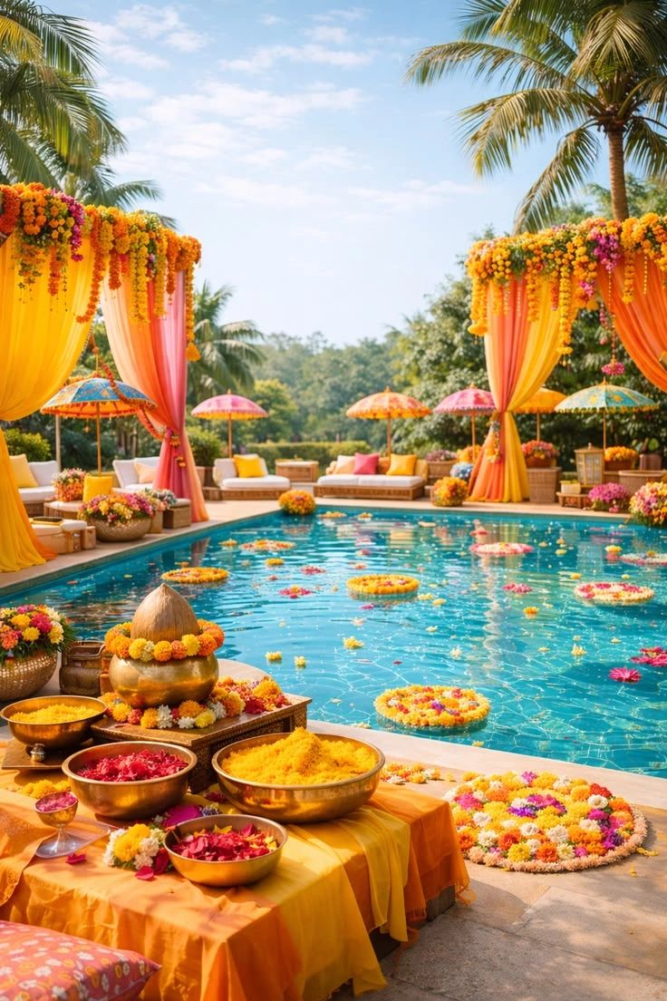 Vibrant floral decorations around a pool for a festive outdoor celebration.