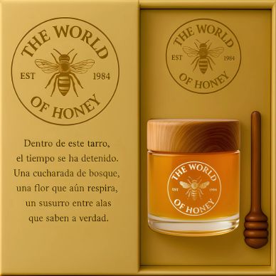 Elegant honey jar gift set with wooden dipper and poetic Spanish label.