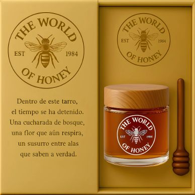 Elegant honey jar gift set with poetic Spanish inscription.