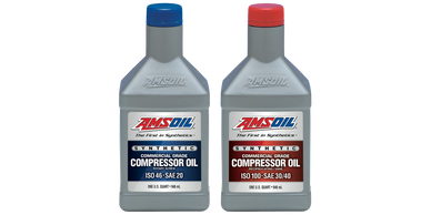 Two bottles of AMSOIL synthetic compressor oil, one with a blue cap and one with a red cap.