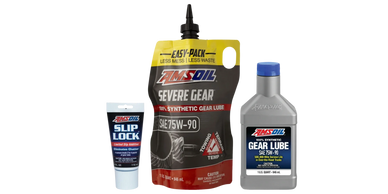 Three AMSOIL gear lubricant products, including Slip Lock and Synthetic Gear Lube.