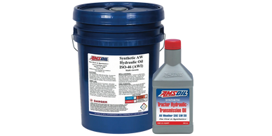 Two containers of AMSOIL synthetic hydraulic and transmission oil.