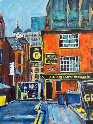 Vibrant painting of an urban street with colorful buildings and signage.