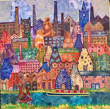 Colorful abstract cityscape with patterned buildings and a boat on water.