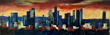 Manchester Rising. 120 x 40 cm.  Oil on cradled board (approx 3 cm deep). Ready to hang £150 sold