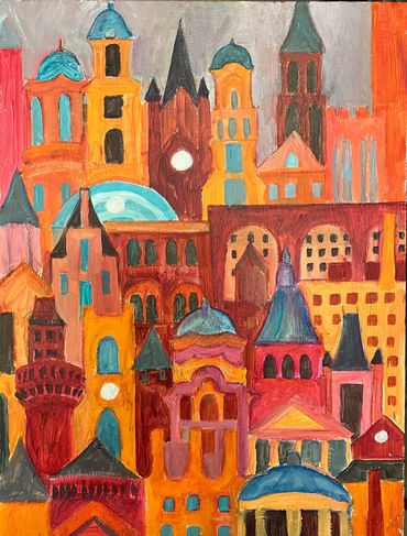 Manchester glow. Acrylic on board approx 12 x 10 ins, vintage limed oak frame 2 ins deep sold