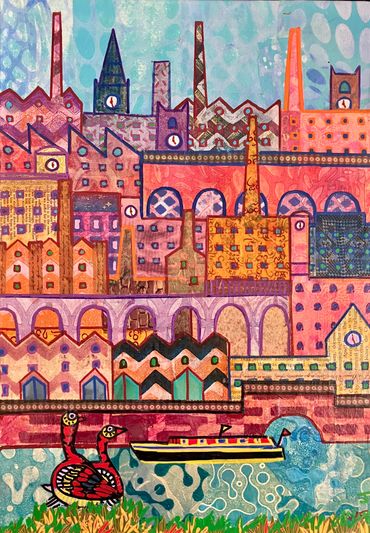 Colorful abstract cityscape with buildings, water, birds, and a boat.
