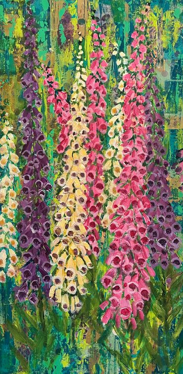 Vibrant, textured painting of tall foxglove flowers in purple, pink, and cream hues.