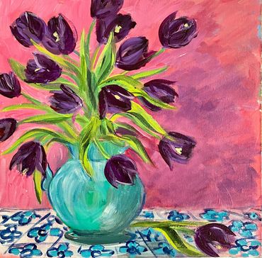 Bright painting of purple tulips in a blue vase against a pink background.