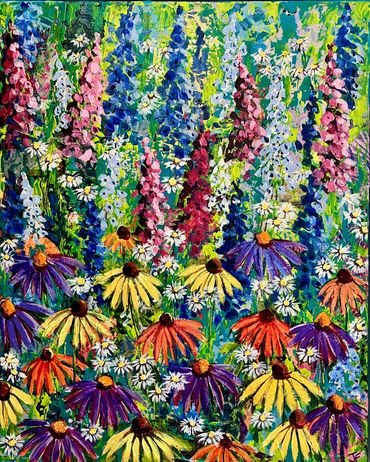 Flowers in a herbaceous border, echinacea, daisies , cow parsley, Delphiniums, lupine