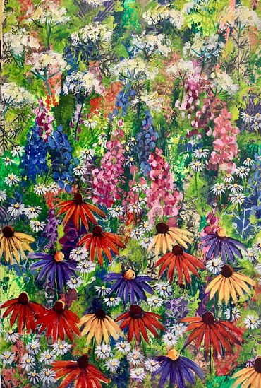 Summer garden with echinacea. Daisies, cow parsley, delphiniums, lupins