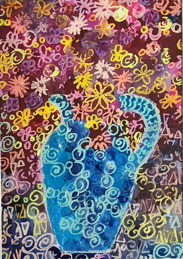 Stylised pink and yellow flowers in a blue jug