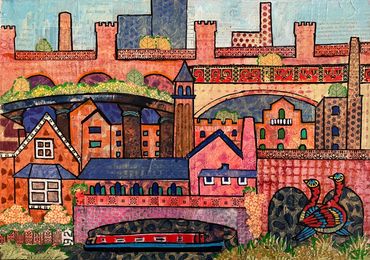 Stylised, collage of buildings in Castlefield Manchester