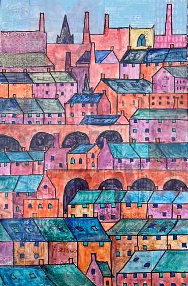 Stylised terraced house factories and viaducts