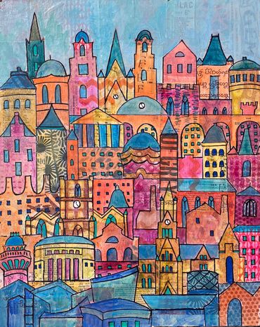 Stylised Manchester buildings in pastel colours