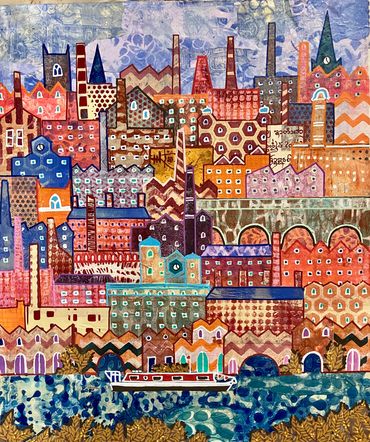 Stylised collage brightly coloured mills and factories