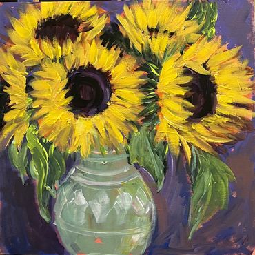 Sunflowers. Acrylic on canvas 30 cm square in cream 7 cm St Ives frame . Ready to hang £85 sold
