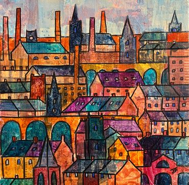 Northern Jewels. Collage and acrylic, 25 cm square, framed in black 7 cm wide wood frame with white 