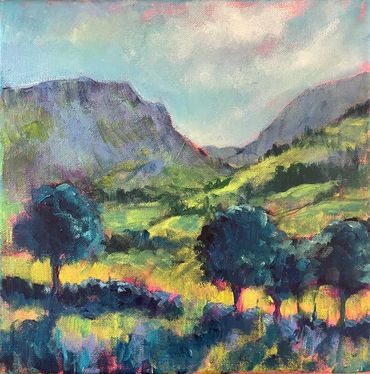 Seat Sandal from Grasmere. Acrylic on canvas 12 ins square. Framed in white tray frame £90