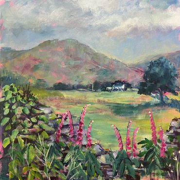 Foxglove Summer. Acrylic on board 12 ins square framed in grey moulded frame. £110