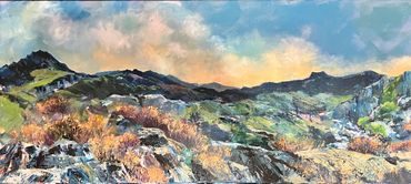 Tryfan and the Glyderau. Oil on canvas 90 cm x 40 cm, framed in a black tray frame 1 cm deep with a 