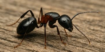 Close-up of a black and red ant on wood.