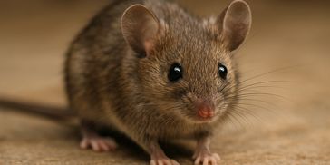 Close-up of a small brown mouse with whiskers and big black eyes.