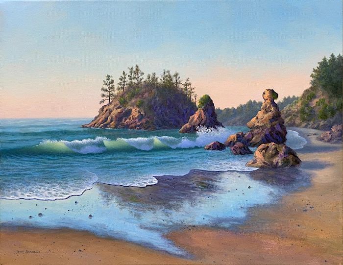 Grandmother Rock, Trinidad Beach, Trinidad,  California.
Painting by Jeff Stanley.  14 x 18”