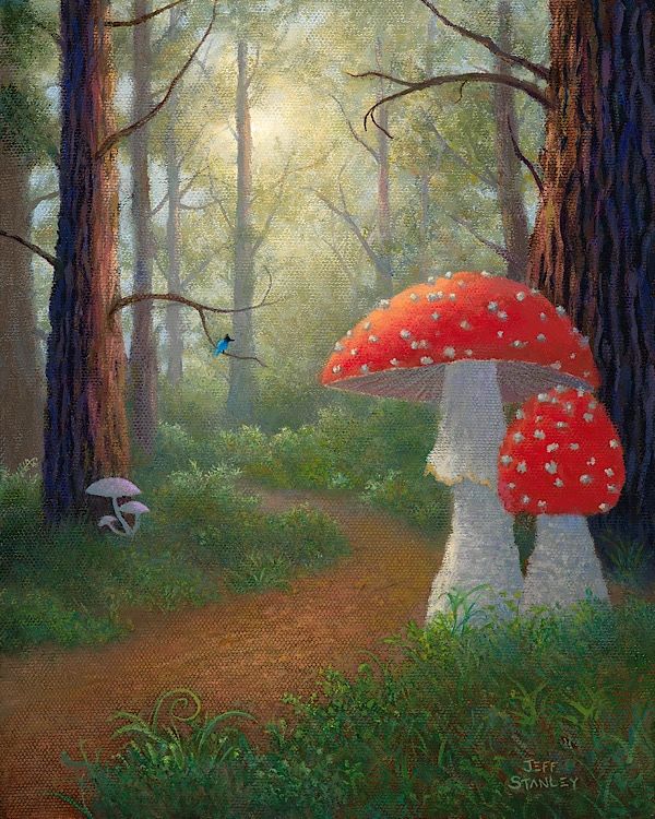 Painting of a forest pathway with large red mushrooms and a small blue bird.