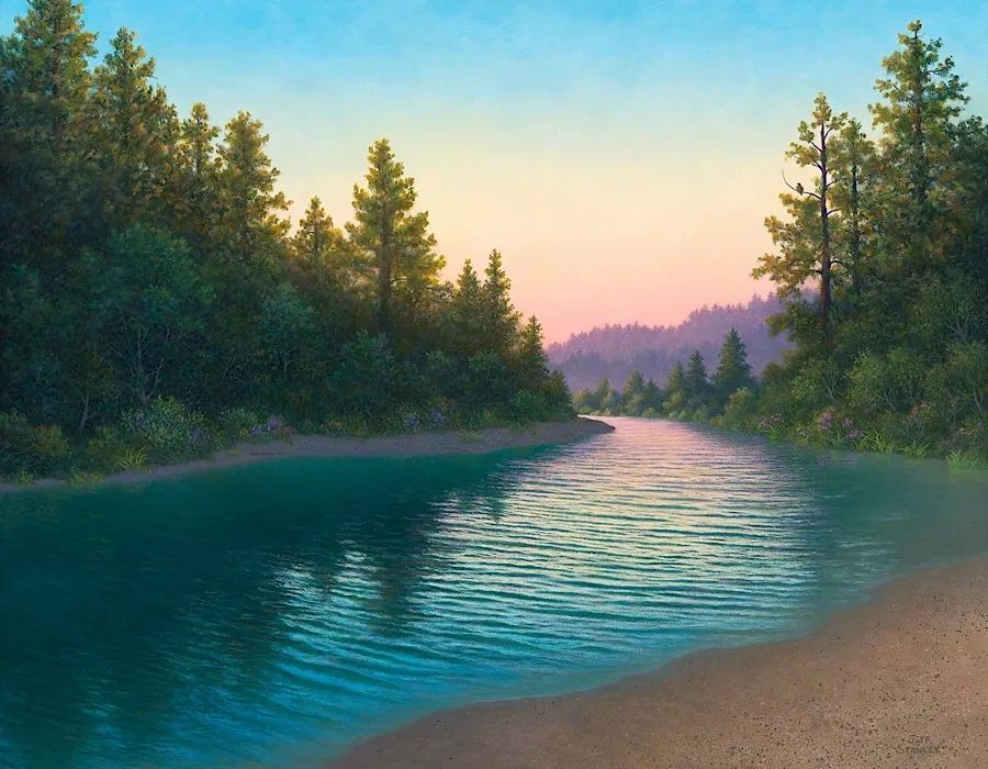 A calm river flowing through a forest at sunset.