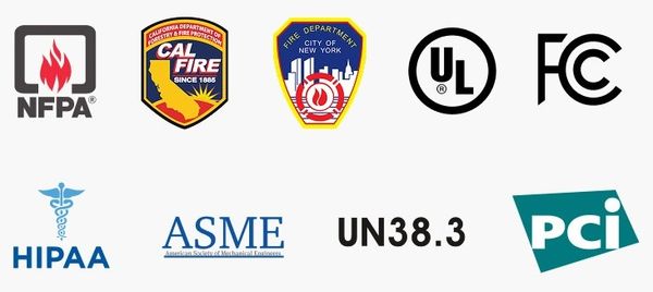 Various certification and standard logos like NFPA, CAL FIRE, UL, FCC, HIPAA, ASME, UN38.3, and PCI.