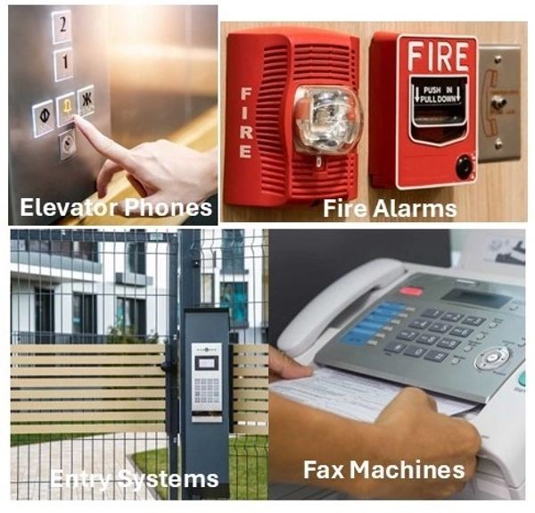 Images of elevator phones, fire alarms, entry systems, and fax machines.