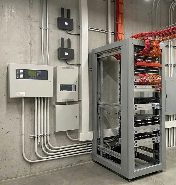 Server rack and control panels with organized cables in a utility room.