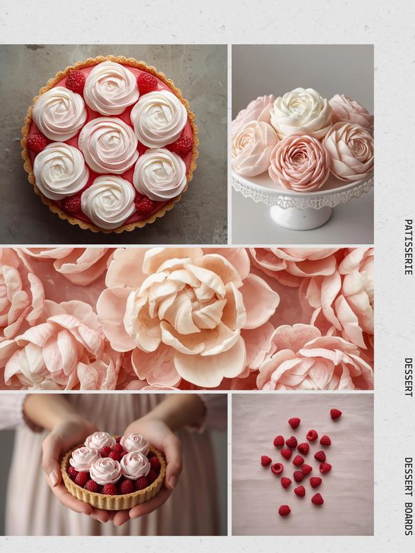 Elegant raspberry tart topped with delicate rose-shaped meringues and fresh raspberries.