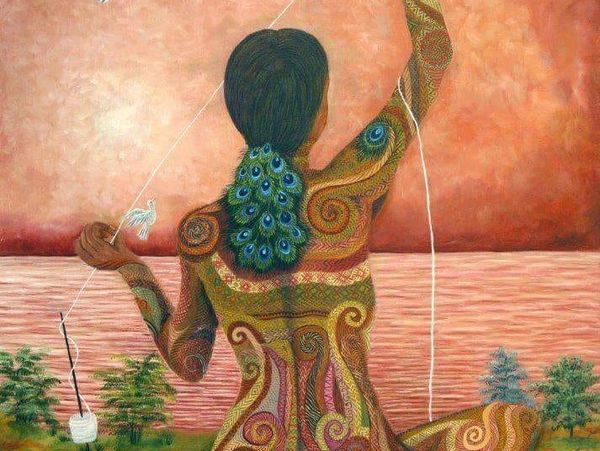 Unraveling the old threads. A woman is seated at the ocean.  
Artist: Paula Nicho Cumez