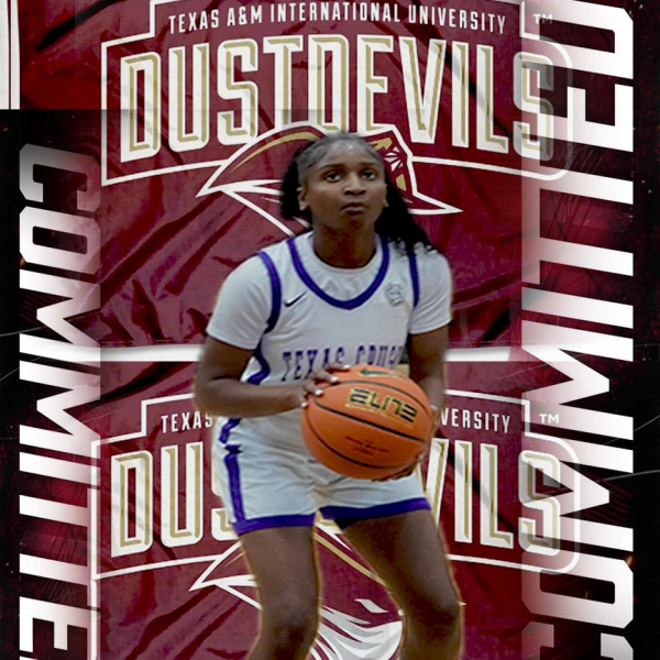 College basketball player making a shot with Dustdevils graphics.