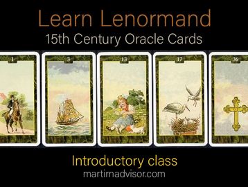 Introductory Learn Lenormand oracle cards course, including card layout, interpretation, and mat use