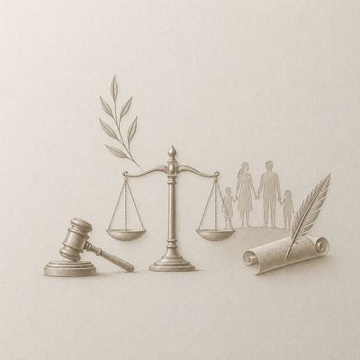 Justice symbols with gavel, scales, family, and legal scroll illustration.