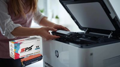 Person installing a toner cartridge into an HP printer. laptop repair, printer repair, projector service,